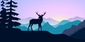 Mountains, alpine wild fallow deer and forest at sunrise. landscape with silhouettes. Vector illustration Royalty Free Stock Photo