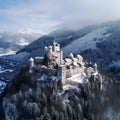 Mountains Alps, massive slopes, snow-capped peaks, ancient castle, high towers with sharp spiers