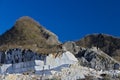 Apuan Alps, Carrara, Tuscany, Italy. March 28, 2019.  An excavator in a quarry of white Carrara marble Royalty Free Stock Photo