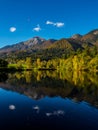 Mountains in autumn colors reflecting the lake