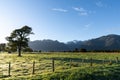 Mountains backdrop to New Zealand rural sunrise landscape Royalty Free Stock Photo