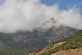 Mountains on the background of sky. Vertices covered with snow. Tourism