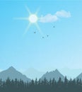 Mountains in the blue sky with clouds and birds. Vector illustration Royalty Free Stock Photo