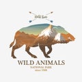 Mountains and boar, silhouette wild animal. Multiple or double exposure. Old label or badge. Journey, travel by nature