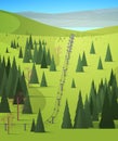 mountains with cableway green grass pines and fir trees ski resort in springtime summer vacation concept beautiful