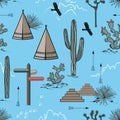 Mountains and Cacti Landscapes Adventure Seamless Pattern. USA nature background. Design for print, tapestry or textile