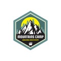 Mountains camp amazing discovery - concept badge. Summer camping emblem. Climbing logo in flat style. Extreme exploration sticker Royalty Free Stock Photo