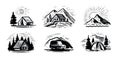 Mountains and camping concept vector. Local travel outdoor set of emblems in sketch style