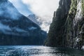 Mountains and clouds in Milford Sound, New Zealand Royalty Free Stock Photo