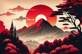 Mountains clouds and trees with red sun. Japanese Ukiyo-e, landscape, art prints. Oriental artistic painting. Japanese landscape