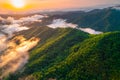 Mountains. Colorful sunset. Panorama of Great Smoky Mountains North Carolina. Scenic aerial view. Fly over clouds or fog Royalty Free Stock Photo