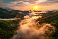 Mountains. Colorful sunset. Panorama of Great Smoky Mountains North Carolina. Scenic aerial view. Fly over clouds or fog Royalty Free Stock Photo