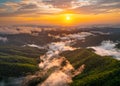 Mountains. Colorful sunset. Panorama of Great Smoky Mountains North Carolina. Scenic aerial view. Fly over clouds or fog Royalty Free Stock Photo