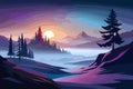 Mountains with coniferous forest at sunset, winter nature landscape with mist, vector illustration, generative ai Royalty Free Stock Photo