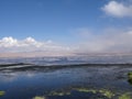 Mountains covered in clouds and the flamingos in the Laguna Verde salt lake in Bolivia