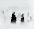 Mountains covered with clouds of thick fog. Mountain pine forest on the rocks. Vector square silhouette illustration Royalty Free Stock Photo