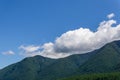 Mountains covered with green forest blue sky with white clouds