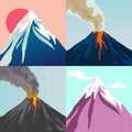 Mountains and Crater mountain volcano set. Red sun.