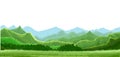 Mountains in the distance and grass in the meadow. Alpine pasture. Landscape with hills and skyline. Vector illustration isolated