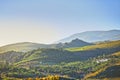 Mountains, environment and blue sky with nature, countryside and sunshine with landscape or weekend break. Empty, valley Royalty Free Stock Photo