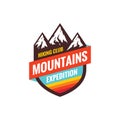 Mountains expedition - concept badge. Climbing logo in flat style. Extreme exploration sticker symbol.  Camping & hiking creative Royalty Free Stock Photo