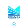 Mountains expedition logo. M monogram. Letter M like mountain fields and blue peaks.