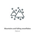 Mountains and falling snowflakes outline vector icon. Thin line black mountains and falling snowflakes icon, flat vector simple