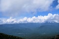 Mountains, fields and forest in cloudy weather. Nature and landscape of national Park in Caucasus. Dense coniferous green summer Royalty Free Stock Photo