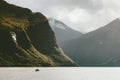 Mountains and fishing boat fjord sea Royalty Free Stock Photo