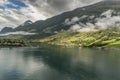 Mountains and fjord surrounding Olden Norway.