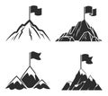 Mountains with flag. Symbol of success business or career and leadership, possibility line to target vector icons