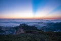 Mountains in fog at beautiful morning in autumn in Dalat city, Vietnam. Royalty Free Stock Photo