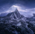 Mountains in fog at beautiful night. Dreamy landscape Royalty Free Stock Photo