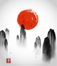 Mountains in fog and red sun hand drawn with ink on white background. Floating rocks. Traditional oriental ink painting