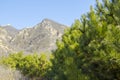 Mountains foggy white blue sky. Chinese autumn mountains. Royalty Free Stock Photo