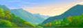 A detailed in-depth illustration of the mountain landscape with meadows and trees.