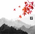 Mountains with forest trees in fog and red japanese maple leaves. Contains hieroglyph - happiness.Traditional oriental