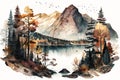 Mountains, forests, and a lake are shown in a watercolor scene. Autumnal landscape. Beautiful woodland picture with a trip feel. Royalty Free Stock Photo