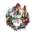 Autumnal landscape. T-shirt graphics. Mountains, forests, and a lake are shown in a watercolor scene