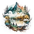 Autumnal landscape. T-shirt graphics. Mountains, forests, and a lake are shown in a watercolor scene