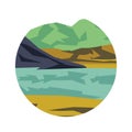 Mountains, forests and lakes in geometric stylisation.