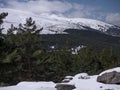 Mountains with fresh snow and treeline of pines and granite rocks at their feet. Sierra de Guadarrama, Madrid, Spain.