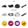 Mountains, goggles, an igloo, a snowboard. Ski resort set collection icons in black, flat, monochrome style vector