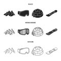 Mountains, goggles, an igloo, a snowboard. Ski resort set collection icons in black,monochrome,outline style vector