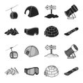 Mountains, goggles, an igloo, a snowboard. Ski resort set collection icons in black,monochrome style vector symbol stock