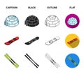 Mountains, goggles, an igloo, a snowboard. Ski resort set collection icons in cartoon,black,outline,flat style vector