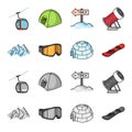 Mountains, goggles, an igloo, a snowboard. Ski resort set collection icons in cartoon,monochrome style vector symbol