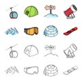 Mountains, goggles, an igloo, a snowboard. Ski resort set collection icons in cartoon,outline style vector symbol stock