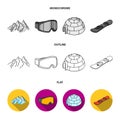 Mountains, goggles, an igloo, a snowboard. Ski resort set collection icons in flat,outline,monochrome style vector