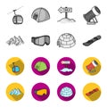 Mountains, goggles, an igloo, a snowboard. Ski resort set collection icons in monochrome,flat style vector symbol stock